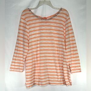 Chico’s Top Peach White Stripe Round Neck Rhinestone Beaded Keyhole Tie Back Sz3